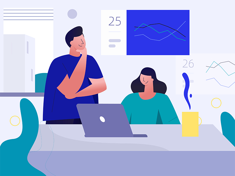 discussing KPI completion, vector flat concept illustration completion kpi bitcoin services financial bitcoin data analysis color vector flat illustration design