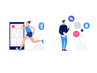 running and contact us via internet branding color connect contact us data analysis design flat illustration mobile run vector