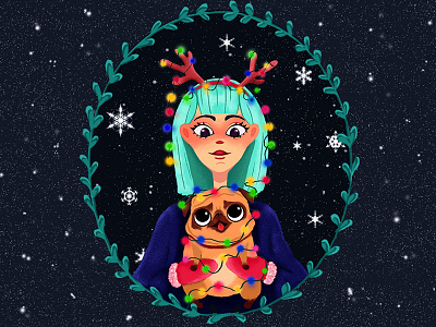 New Year's Pug-dog christmas dog garlands girl magic new night pug snow snowflakes winter year