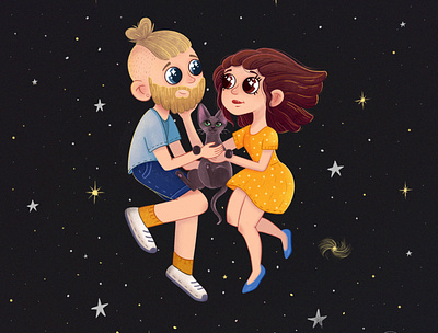 space art beard boy cat couple cute art family girl illustration love magic night space stars