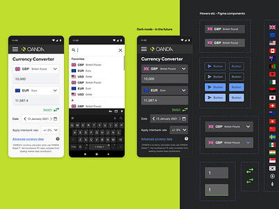 CC mobile screens broker components converter corporate currency dark mode figma finance inputs rates tool ui ux