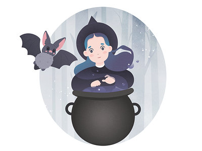 Witch girl with baby bat adobe illustrator adobe photoshop bat cartoon character design illustraion magic vector witch