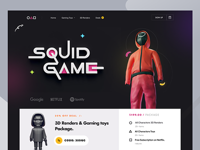 Squid Game 3d Landing page 3d 3d renders app branding deals design illustration ios landing page logo marketplace minimal offer sell squid game toys ui unsplash web website