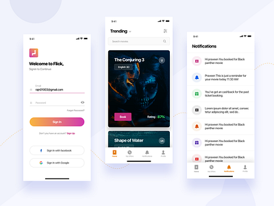 Movie booking app cards ios iphonex mockup movie movie card notification offers profile signin ticket booking app ui
