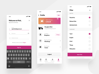 Movie ticket booking app ( profile, signup, filter ) filter gradient ios iphonex location minimal movie profile signup ticket ui wallet