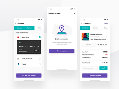 Movie Ticket Booking App UI KIT app clean coupon design gradient ios iphonex landing page location minimal mockup movie new payment paypal product checkout ticket ui ux