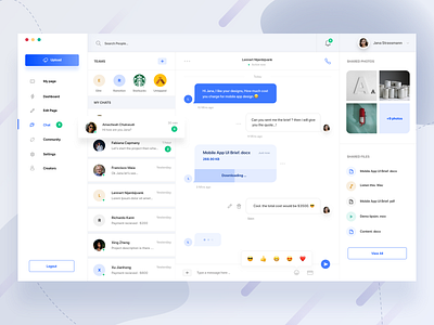 Designer Community Dashboard ( Chat ) bubble call chat clean dashboard design documents emoji gradient landing page message messenger minimal mockup payment photos team trend ui web
