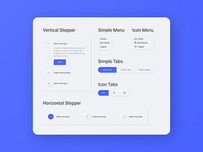 Neumorphic UI Elements Preview blue design figma icon icon tabs menu neumorphic neumorphism pastel skeumorphic skeumorphism soft stepper tabs ui ui elements ui kit