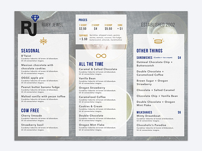 Ruby Jewel redesign design gracie ice cream layout local logo lundell menu personal project practice re branding redesign restaurant ruby jewel typography ui
