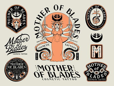 Mother of Blades Branding badge blade brand chain cosmetic cosmetics eye eyes face greek logo mother patch person script serpent snake sword tattoo woman