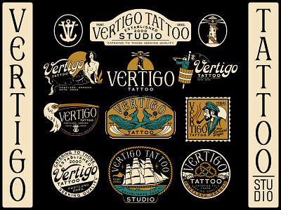 Vertigo Tattoo Branding anchor branding clipper crowsnest hands illustration knot lighthouse mermaid nautical pelican pipe rope sailor ship sign stairs whale woman womans