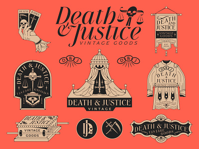 Death & Justice Branding banner brand cards chain crest eye hand knife monogram robe scale scythe skull stars sword taroh tattoo tent tents vintage