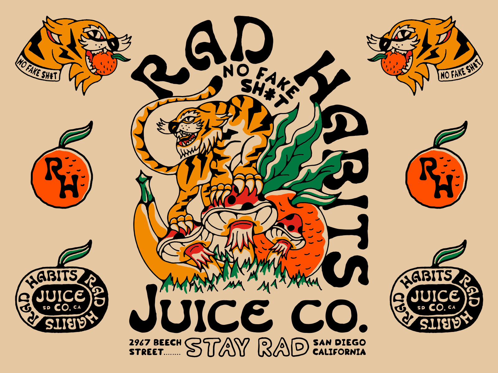 Rad Habits Juice Co. lightning bolt big cat tigers apparel brand illustraion vegitable orange tiger head tattoo radio badge cat kale banana animal mushroom fruit juice tiger