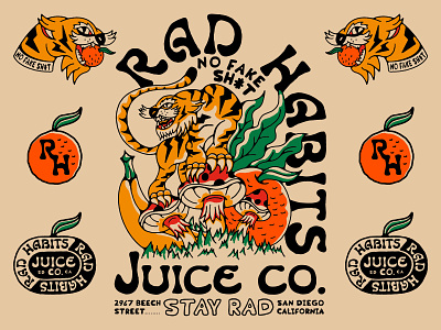 Rad Habits Juice Co. animal apparel badge banana big cat brand cat fruit illustraion juice kale lightning bolt mushroom orange radio tattoo tiger tiger head tigers vegitable