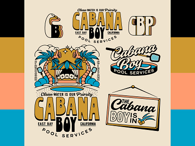 Cabana Boy Pool Services badge brand branding cabana cabana boy hand hands illustration logo palm palm tree pool pools sign tattoo thumbs up tree trees tropical vintage