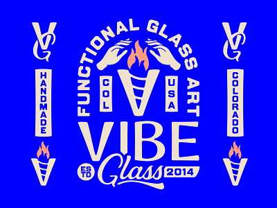 Vibe Glass Branding badge brand branding cannabis design fire flame glass glass blowing hands illustration logo mark monogram tattoo v vector vintage weed wordmark