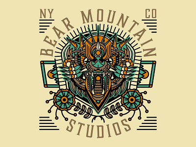 Bear Mountain Studios - Bear Head animal bear bears crown floral flower geometric leaf monoline mountain mouth nature pattern roar stairs sun tattoo teeth wildlife wing