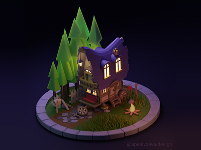 Sweet home (♡⸃ ◡ ⸂♡) 3d art 3d artist 3d illustration 3d modeling 3dart blender blender3d blenderart blenderartist creative evening fantasy forest gameart home house lowpoly lowpoly3d magical night