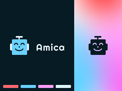 Amica | Logo for tech startup branding bright brightcolours clean creative cute design gradient graphic design logo logodesign logotype meshgradient pink robot simple soft startup