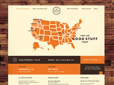 Mobile Tour Location Page brown dog food dogs good stuff locations map microsite mobile mobile truck orange treats website