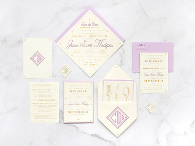 C100 Invitation Suite folding formal gold invitation monogram napkin place setting purple save the date suite