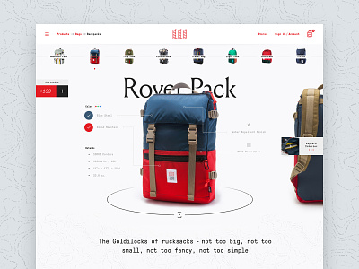 Rover Pack Product Page backpack ecommerce grid interface outdoors product reviews ui website