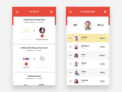 College Football Pick'em Redesign app card college contest entry football leaderboard sports ui ux