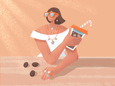 Summer Iced Coffee character coffee flat illustration people procreate raster summer textured woman