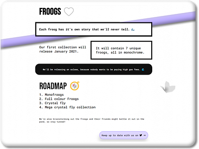 NFT Collection Website: Roadmap for MonoFroogs branding design figma illustration minimal monochrome nft purple solsea vector web3 website