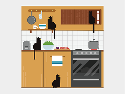 Too many kitties in the kitchen. cat cooking counter cupboard design dining illustration kitchen kitty oven vector