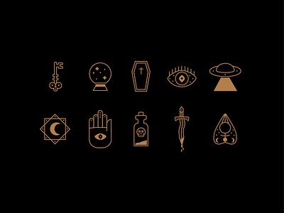 Occult Icons aliens coffin creepy dagger design eye ghosts icons illustration key occult ouija ouija board palm palm reading psychic the occult ufo vector