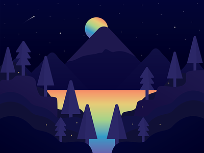 Lake Magic camping design forest great outdoors hiking illustration lake magic magical night night sky night time outdoors rainbow river sky trees twilight vector woods