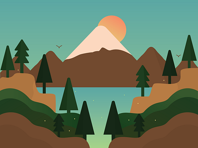 Lake Magic - Day brown camping design forest great outdoors green hiking hills illustration illustrator lake mountains nature outdoors river sunny swimming trees vector woods