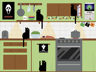 A millennial cat lady's kitchen, ready for spooky season. black cat calendar cat cat lady cooking decorations ghost halloween horror illustration illustrator kitchen kitty mug october oven rae dunn scream spooky toaster