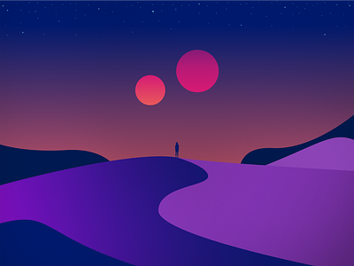 Sunset desert illustration illustrator moon night sky outdoors purple retrowave sand sky stars sun sunset vapor wave vector witching hour