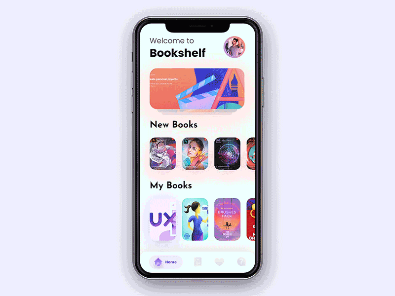 Bookshelf (Books collection) interactions animation beautiful clean gif illustration ios iphone x minimal ui ui design ux ux design