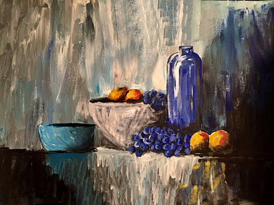 Nature morte acryle black blue dark fruits grey jellowe nature morte painting table