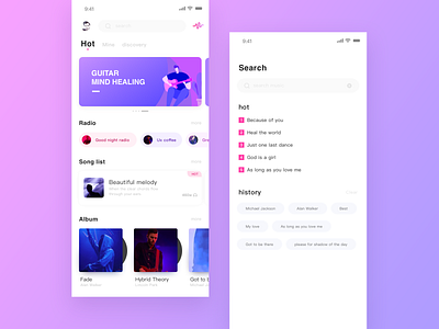 Music app homepage and search page