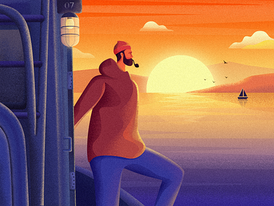 Man at sea boat distance ferry illustration lonely man miss pipe sailor sea sunrise sunset warm