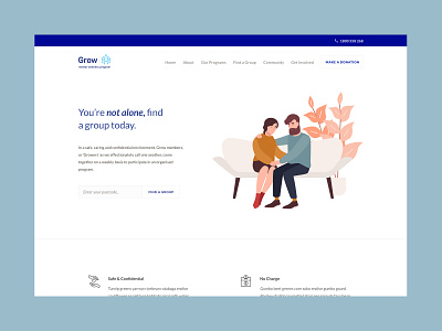 Grow blue charity contact design donate health home icons illustration landing layout map mental health mockup not for profit search ui ux website