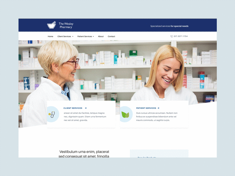 Wesley Pharmacy blue community design front end health hero home icons information layout links mockup navigation page pharmacy photo ui ux web website