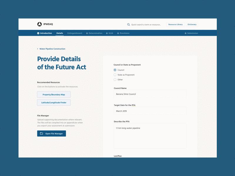 Land Use Determination Tool back blue design file manager form front end input label layout legal mockup multi step next progress bar radio button ui ux web web app website