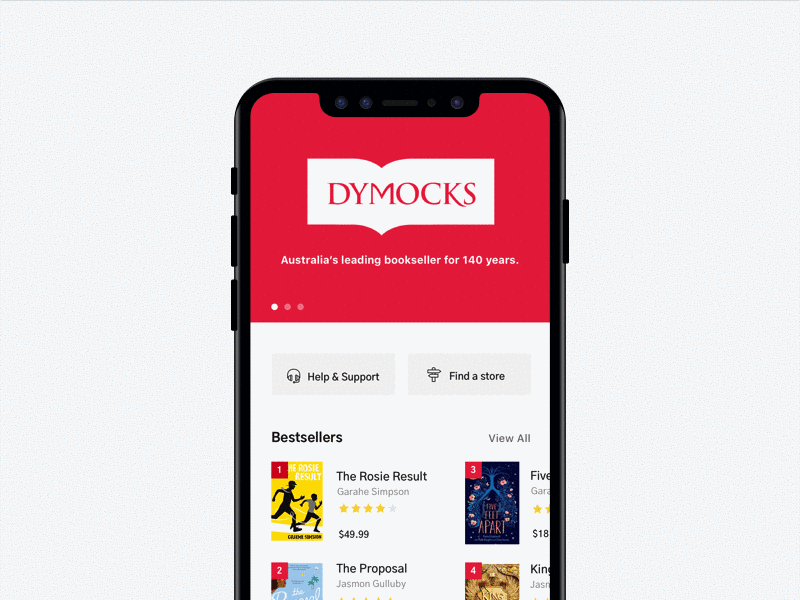 Book Retail App app book book app clean designer minimal mockup no copyright intended phone product retail shop simple store ui ux we just really like dymocks