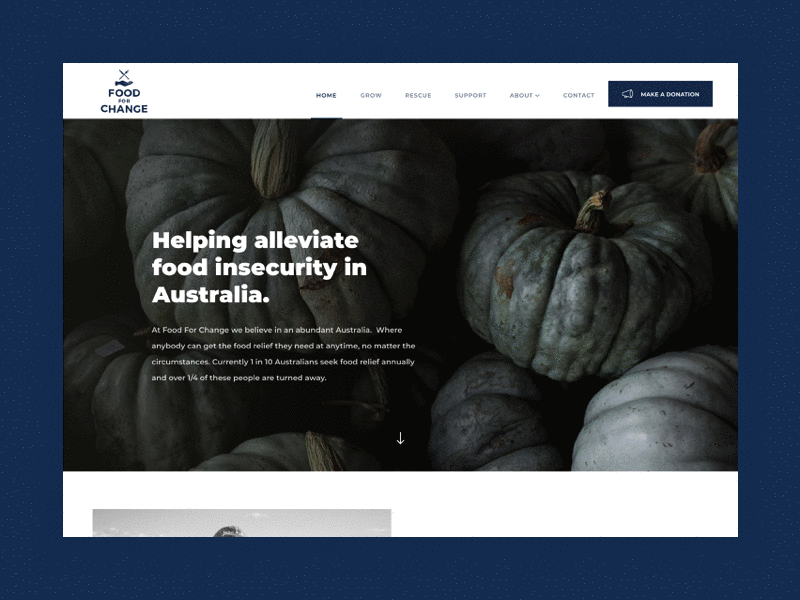 Food For Change Redesign black and white charity community farm food friendly hero image local minimal minimalist mockup non profit nonprofit organisation page ui ux vibrant website