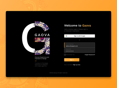 Gaova - Login Page account black creative daliy ui dark design figma form login login form login page orange pattern art sign in ui webdesign welcome