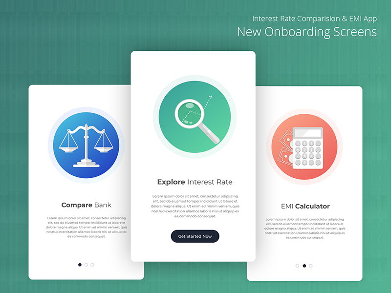 On boarding Screens for Interest Rate Comparision & EMI APP explore search compare calculator onboarding screens