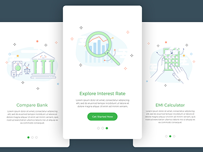On boarding Screens for EMI APP illustration explore search compare calculator onboarding screens