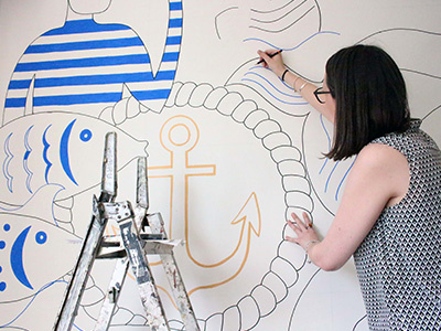 Boatyard Coffee Shop - Mural anchor coffee fish hand drawn illustration mural nautical posca sailor