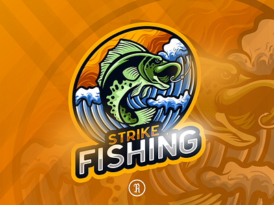 strike fishing fish mascot logo illustration branding cartoon cartoon character character character design design drawing esport fish fish logo fisherman fishing illustration logo mascot sport strike vector wave waves