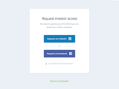 Investor access landing page access button clean facebook linkedin login minimal request signup simple ui ux